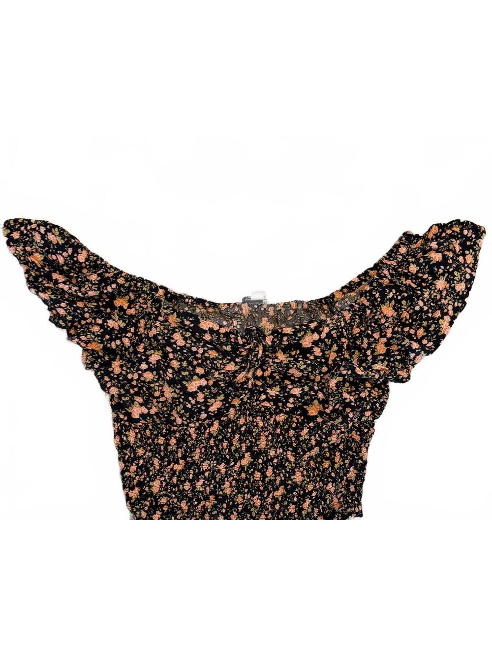American Eagle Black Floral Smocked Off-Shoulder Crop Top Size Medium